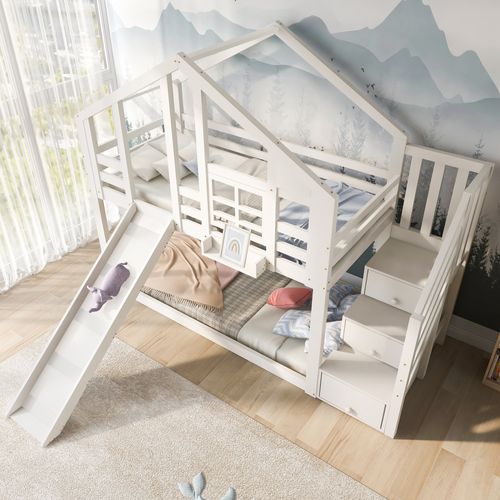Lit Superposé Enfant 90x200 Cm, Cabane Bois Blanc Avec Toboggan Et Rangements, Sommier à Lattes