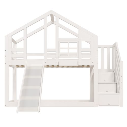 Lit Superposé Enfant 90x200 Cm, Cabane Bois Blanc Avec Toboggan Et Rangements, Sommier à Lattes
