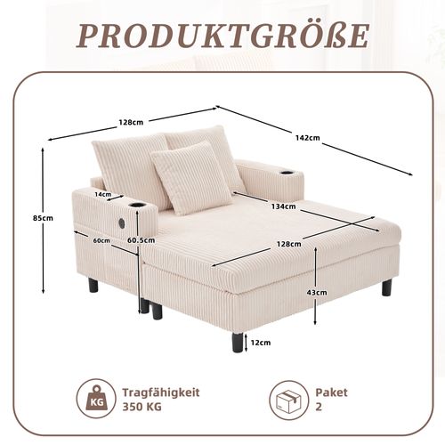Fauteuil Relax 142x128x85 Cm Velours Côtelé Beige Avec Ports USB, LED Et Porte-gobelet
