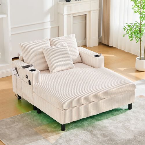 Fauteuil Relax 142x128x85 Cm Velours Côtelé Beige Avec Ports USB, LED Et Porte-gobelet