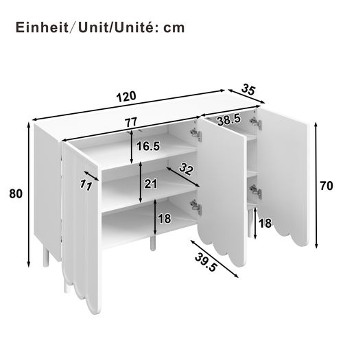 Buffet 120x35x80 Cm Blanc Avec Rangements, Portes Ondulées Sans Poignées, Pieds Réglables