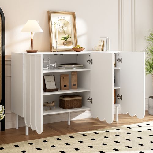 Buffet 120x35x80 Cm Blanc Avec Rangements, Portes Ondulées Sans Poignées, Pieds Réglables