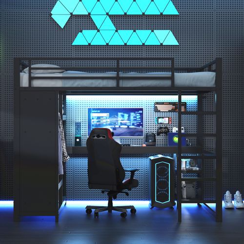 Lit Mezzanine Adulte 140x200 Cm En Métal Noir Avec Bureau, LED, Rangements Et Penderie