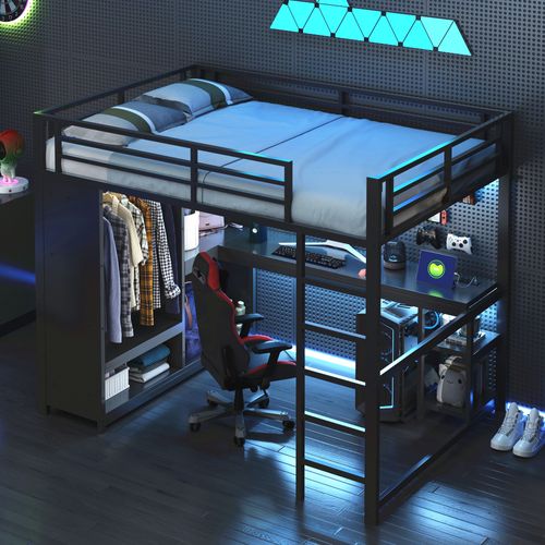 Lit Mezzanine Adulte 140x200 Cm En Métal Noir Avec Bureau, LED, Rangements Et Penderie