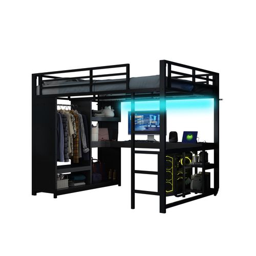Lit Mezzanine Adulte 140x200 Cm En Métal Noir Avec Bureau, LED, Rangements Et Penderie