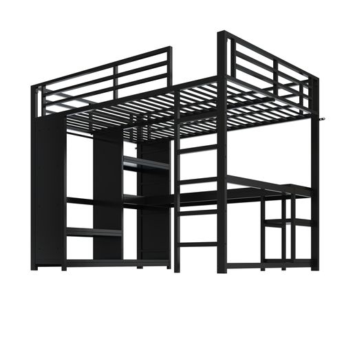 Lit Mezzanine Adulte 140x200 Cm En Métal Noir Avec Bureau, LED, Rangements Et Penderie