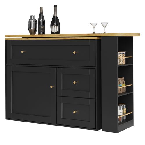 Table De Bar, Meuble Bar Pivotant Noir 138-204 Cm, Métal Noir, Avec Étagère à Snacks Et 2 Tiroirs