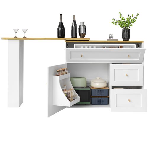 Table De Bar, Meuble Bar Pivotant Blanc 138-204 Cm, Métal Noir, Avec Étagère à Snacks Et 2 Tiroirs