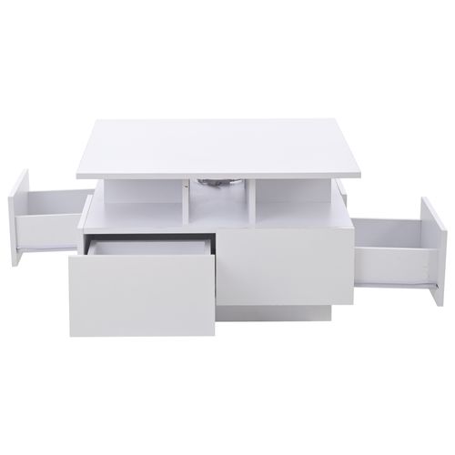 Table Basse Carrée 70x70x40 Cm Blanc, 4 Tiroirs, LED Contrôlée Par Appli, Finition Haute Brillance