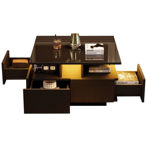 Table Basse Carrée 70x70x40 Cm Noir, 4 Tiroirs, LED Contrôlée Par Appli, Finition Haute Brillance