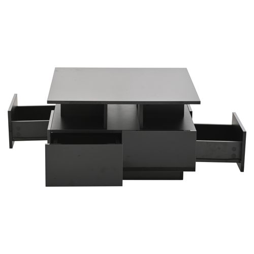 Table Basse Carrée 70x70x40 Cm Noir, 4 Tiroirs, LED Contrôlée Par Appli, Finition Haute Brillance