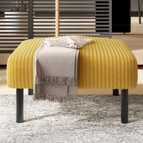 Pouf En Velours Côtelé Jaune Avec Pieds En Métal — Repose-pieds Salon 56×51×39 Cm