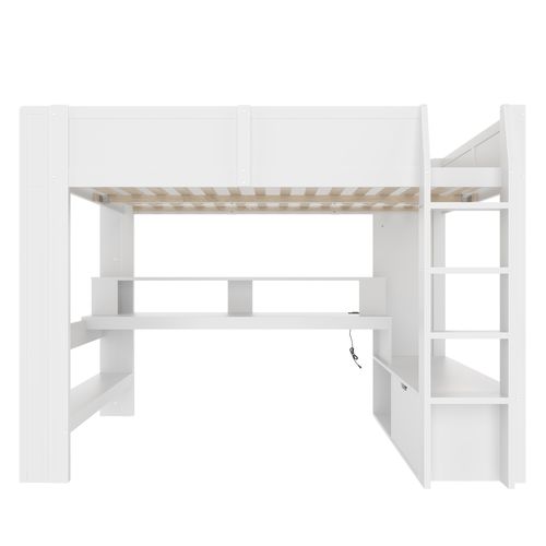 Lit Mezzanine Adulte 140x200 Cm Avec Bureau Intégré, Tiroirs Et Étagères, Éclairage LED, Pin Blanc