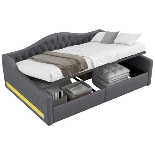 Lit Coffre 140x200 Cm 2 Places Avec Rangements Hydraulique, LED Et Sommier à Lattes, Lin Gris