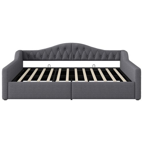 Lit Coffre 140x200 Cm 2 Places Avec Rangements Hydraulique, LED Et Sommier à Lattes, Lin Gris