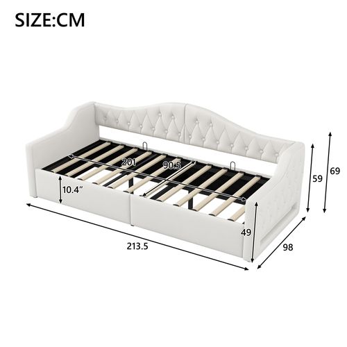 Lit Enfant 90x200 Cm En Lin Avec Coffre De Rangement, LED 7 Couleurs, Sommier à Lattes, Beige