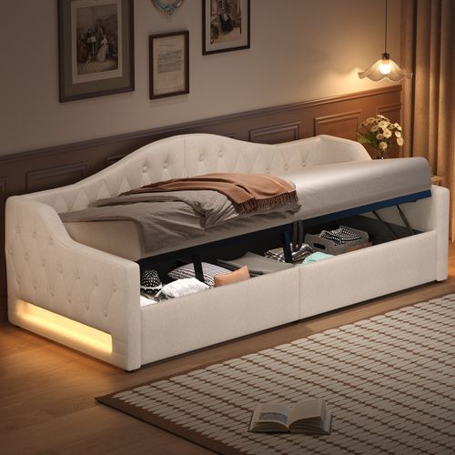 Lit Enfant 90x200 Cm En Lin Avec Coffre De Rangement, LED 7 Couleurs, Sommier à Lattes, Beige