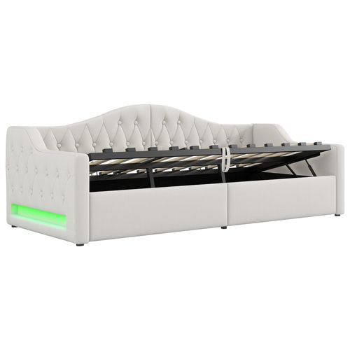 Lit Enfant 90x200 Cm En Lin Avec Coffre De Rangement, LED 7 Couleurs, Sommier à Lattes, Beige