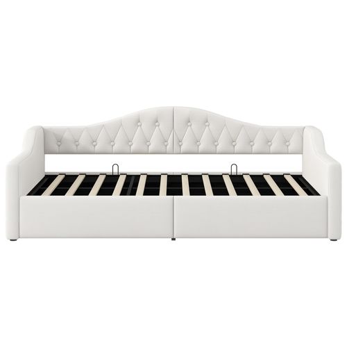 Lit Enfant 90x200 Cm En Lin Avec Coffre De Rangement, LED 7 Couleurs, Sommier à Lattes, Beige