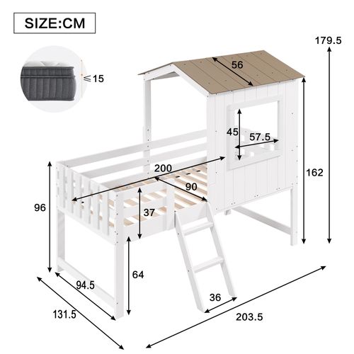 Lit Enfant Mi-haut 90x200 Cm Cabane Bois Blanc Et Naturel Avec Espace De Rangement Et Petite Marche