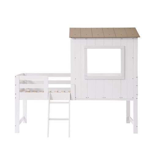 Lit Enfant Mi-haut 90x200 Cm Cabane Bois Blanc Et Naturel Avec Espace De Rangement Et Petite Marche