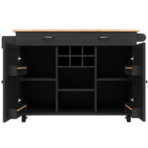 Desserte De Cuisine 102x45x92 Cm Noir à Roulettes, Aspect Bois, Avec Rangements Et Casiers à Vin