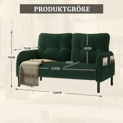Canapé 2 Places 120x75 Cm Velours Côtelé Émeraude, Pieds Métal, Poche Latérale