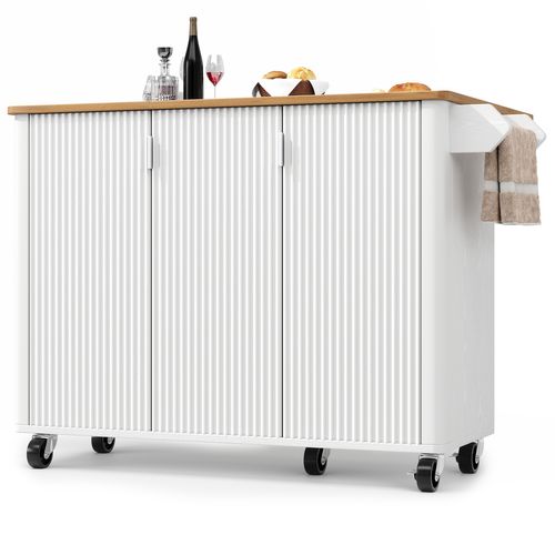 Desserte Blanche Îlot De Cuisine Sur Roulettes, Plateau Rabattable, 3 Portes, Porte-serviettes