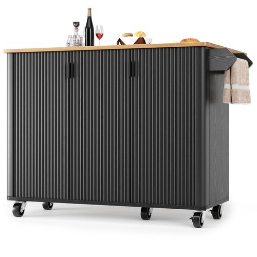Desserte Noire Îlot De Cuisine Sur Roulettes, Plateau Rabattable, 3 Portes, Porte-serviettes