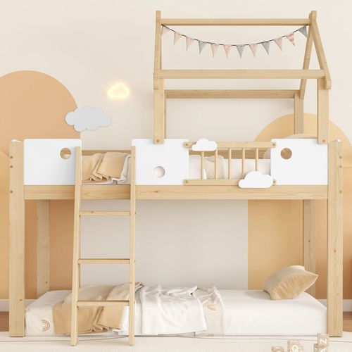 Lit Cabane Enfant 90x200 Cm Mi-haut En Pin Blanc Et Naturel Avec Échelle 3 Marches