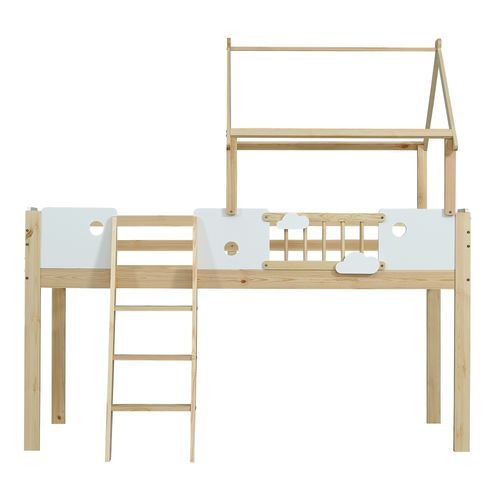 Lit Cabane Enfant 90x200 Cm Mi-haut En Pin Blanc Et Naturel Avec Échelle 3 Marches