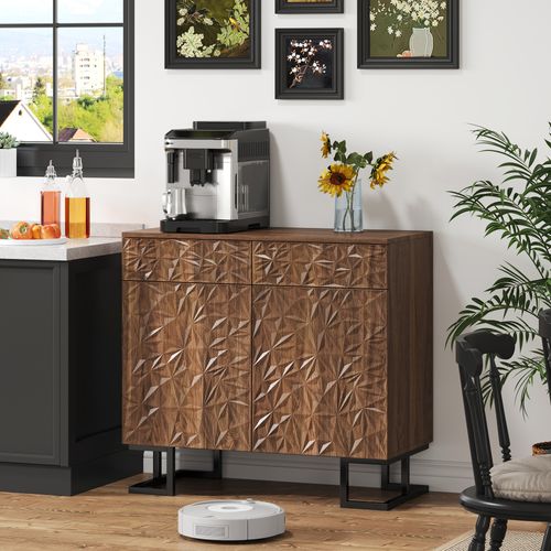 Buffet 80x40x78 Cm, Finition Noyer Foncé, Façade Relief Feuilles, Pieds Métal, 2 Tiroirs 2 Portes