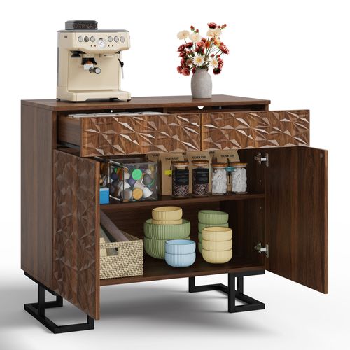 Buffet 80x40x78 Cm, Finition Noyer Foncé, Façade Relief Feuilles, Pieds Métal, 2 Tiroirs 2 Portes