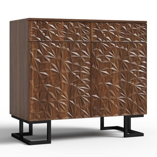 Buffet 80x40x78 Cm, Finition Noyer Foncé, Façade Relief Feuilles, Pieds Métal, 2 Tiroirs 2 Portes