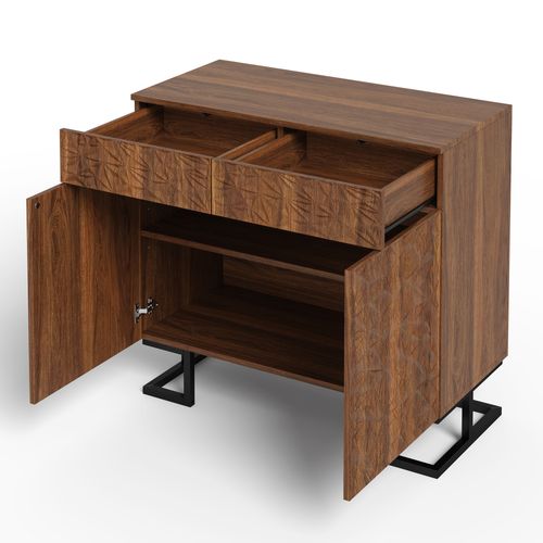 Buffet 80x40x78 Cm, Finition Noyer Foncé, Façade Relief Feuilles, Pieds Métal, 2 Tiroirs 2 Portes