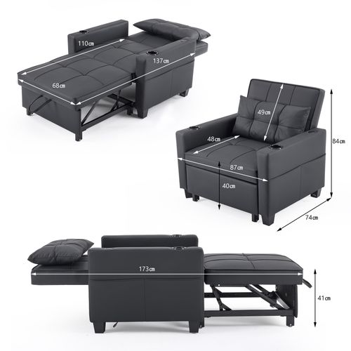 Fauteuil Convertible Avec Port USB Et Rangement Latéral, Bois Et Métal, Simili Noir