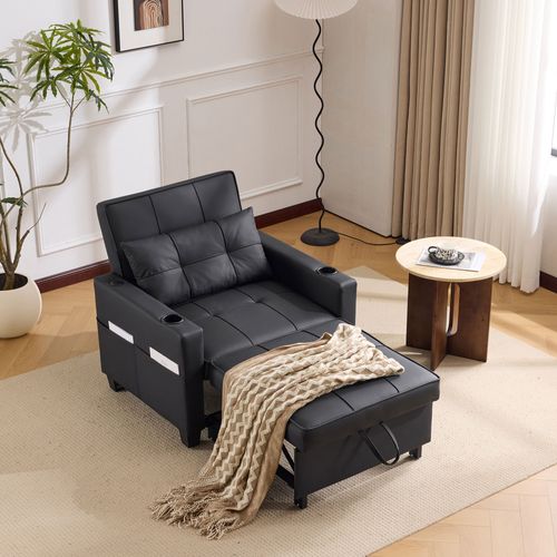 Fauteuil Convertible Avec Port USB Et Rangement Latéral, Bois Et Métal, Simili Noir