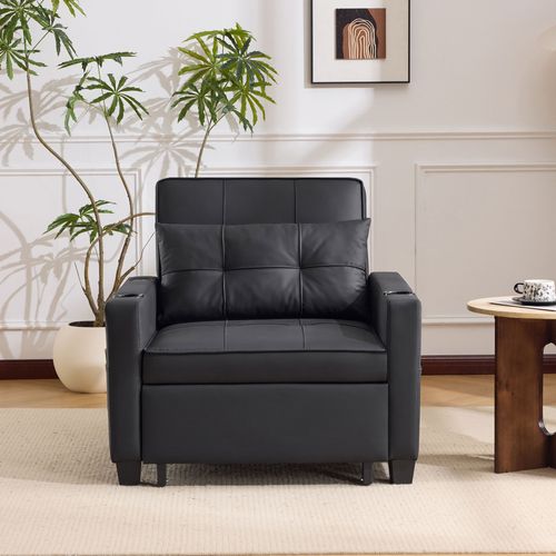 Fauteuil Convertible Avec Port USB Et Rangement Latéral, Bois Et Métal, Simili Noir