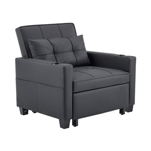 Fauteuil Convertible Avec Port USB Et Rangement Latéral, Bois Et Métal, Simili Noir