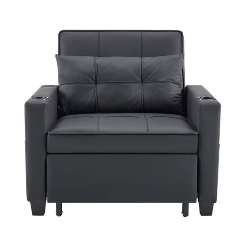 Fauteuil Convertible Avec Port USB Et Rangement Latéral, Bois Et Métal, Simili Noir