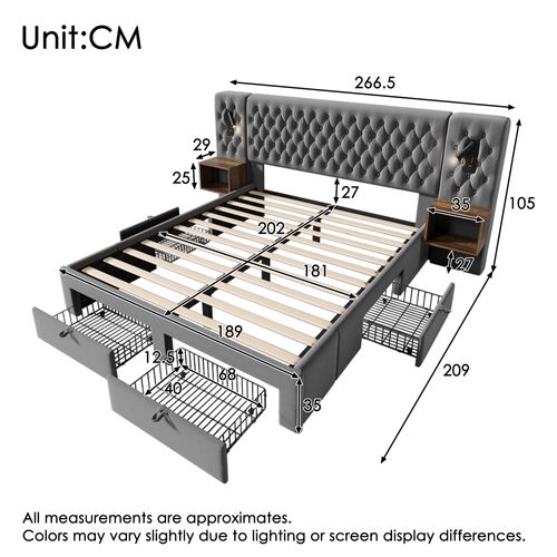 Lit 180x200 Cm Velours Gris Avec 2 Lampes LED, 2 Chevets Et 4 Tiroirs, Ports USB/type-c
