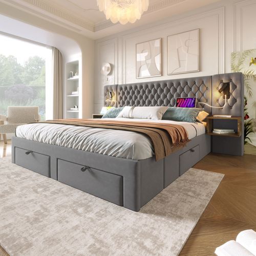 Lit 180x200 Cm Velours Gris Avec 2 Lampes LED, 2 Chevets Et 4 Tiroirs, Ports USB/type-c