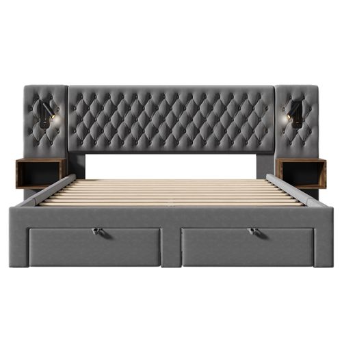 Lit 180x200 Cm Velours Gris Avec 2 Lampes LED, 2 Chevets Et 4 Tiroirs, Ports USB/type-c