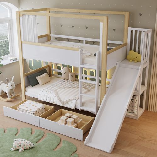 Lit Enfant 90x200 Cm, 2 Tiroirs à Roulettes, Toboggan Er Échelle, Pin Blanc Et Naturel, Rideau