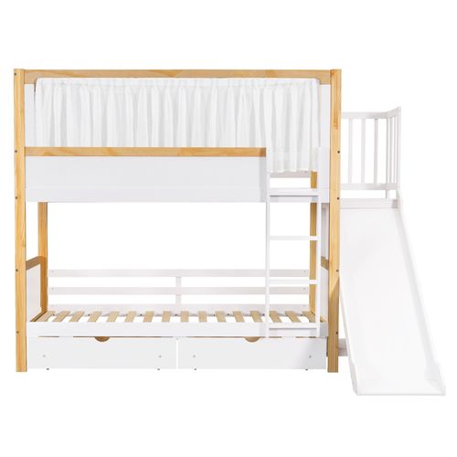 Lit Enfant 90x200 Cm, 2 Tiroirs à Roulettes, Toboggan Er Échelle, Pin Blanc Et Naturel, Rideau