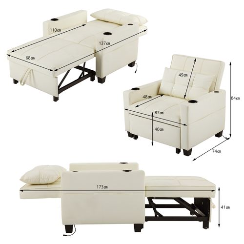 Fauteuil Convertible Avec Port USB, Structure Bois Et Métal, Simili Blanc