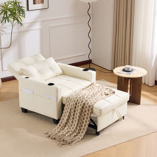 Fauteuil Convertible Avec Port USB, Structure Bois Et Métal, Simili Blanc