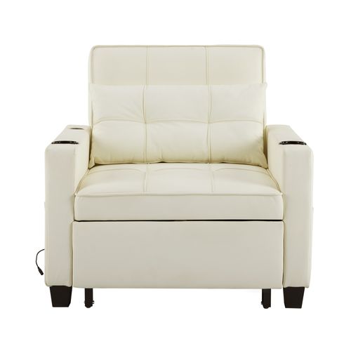 Fauteuil Convertible Avec Port USB, Structure Bois Et Métal, Simili Blanc