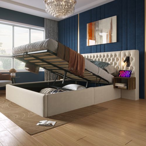 Lit Adulte 160x200 Cm Avec Coffre De Rangement, 2 Chevets, 2 Lampes, Ports USB/type-c, Velours Beige