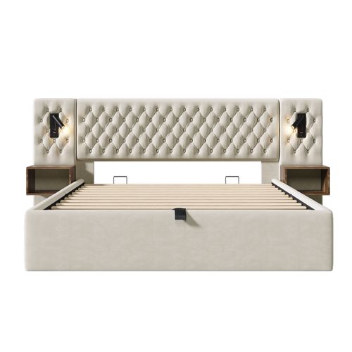Lit Adulte 160x200 Cm Avec Coffre De Rangement, 2 Chevets, 2 Lampes, Ports USB/type-c, Velours Beige